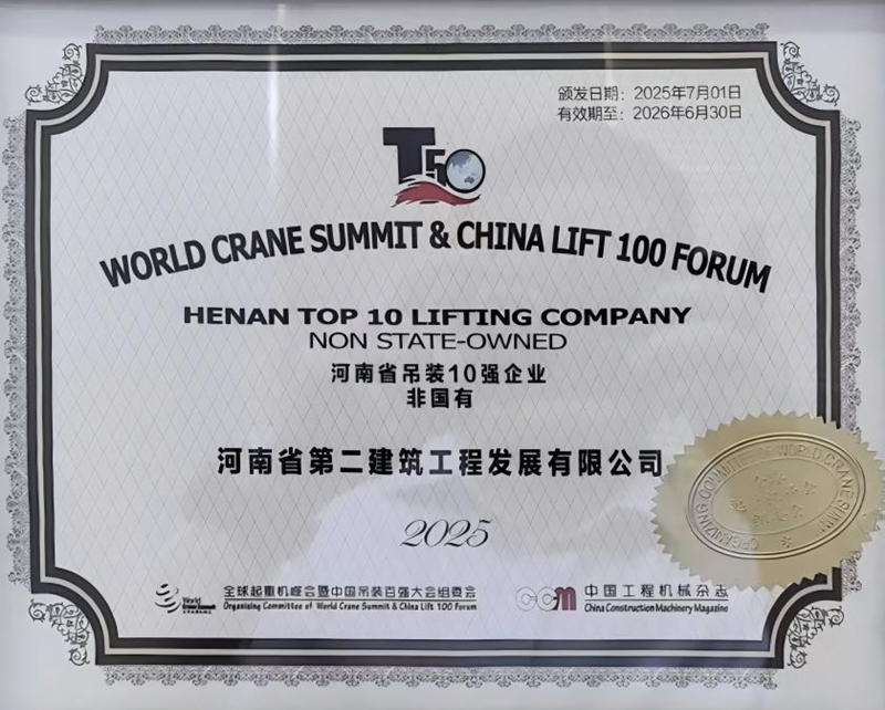 热烈祝贺我公司荣膺“河南省吊装10强企业(非国有)”称号